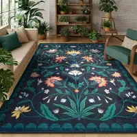 Karpetti Retro Boho Blommiga Tvättbara Mörk Teal Mattor för Sovrum Vardagsrumsinredning Lounge Balkongmatta Soffbord Matsal Ryamatta 120*160cm