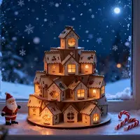 Fashnics Jul Trä Adventskalender Hus med 24 Hus Nedräkning till Jul DIY Kraftpapper Present för Barn Familj Heminredning one-size
