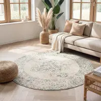 FRAAI Rund vintage matta | Spring Ethnic gräddvit/grön | Ø 280 cm | Polypropen | | Rund | Låg lugg