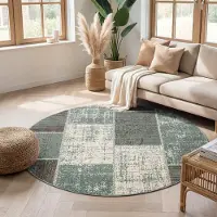 FRAAI Rund patchwork matta | Spring Patchwork grön/grå | Ø 120 cm | Polypropen | Lappteknik | Rund | Låg lugg