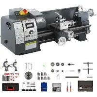 Vevor Uppdaterad 750W Mini Metallsvarv 8x16 Tums Metallsvarv med Lyxig Tillbehörslåda, 50-2500PRM Steglöst Variabla Hastigheter MT3 Spindelkon Metallsvarv med Rörlig Lampa 4-käks Chuck 9 Fräsar