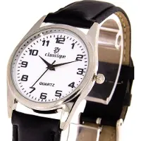 24.Se Classique herrklocka med armband i konstläder - Svart band / Vitt Ur
