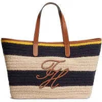 Tommy Hilfiger Shoppingväska 'Woven Stripe Logo Appliqué Tote' beige / marinblå / karamell / gul