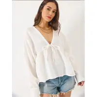 Bianco Texturerad V-ringad Croppblus med Fluga