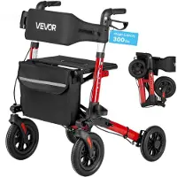 Vevor rullator med sits för seniorer, ultrakompakt 3-faldig rullator, lättviktigt gånghjälpmedel i aluminium med massiva PU-hjul, justerbart handtag, kopp- och käpphållare - stöder 136 kg