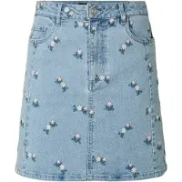 Pieces Flora Denim Emb Kort Kjol Med Hög Midja