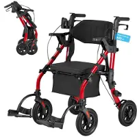Vevor 2-i-1 rullator och transportstol för seniorer, hopfällbar rullstol, lättviktigt gånghjälpmedel i aluminium med solida PU-hjul, kopp- och käpphållare - stöder 136 kg