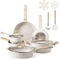 Vevor 17-delars kastrull- och stekpannset, granit nonstick-kokkärlsset, induktionskokar, köksredskap för husbilar med stekning, sås och sauté, lock i härdat glas och stekpannskydd, vit