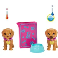 Barbie Pup Adoption Doll & accessoarer Set With Color Change 2 Pets Carrier & 10 Accessories Brunette Doll i rosa klnning