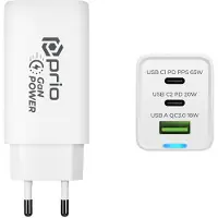 Prio 65W GaN-laddare PD 3.0, PPS, QC 3.0 – 2x USB-C, USB-A – Vit