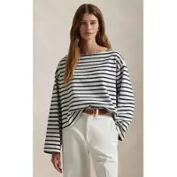 Ralph Lauren för kvinnor. 211959103004 Marinblå randig T-shirt med båthalsringning (XXL), Casual, Bomull, Lång ärm