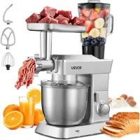 Vevor köksmaskin, 4,3 l elektrisk köksmaskin, 1300 W degmixer, 6+ hastigheter, tiltbart huvud, 1,5 l mixerkopp, skål i rostfritt stål, degkrok, visp, visp, för bakning, mixning, silver