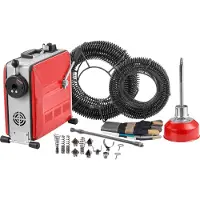 Vevor Avloppsrensningsmaskin, 850W elektrisk rörrengöringsmaskin för avlopp med 14,5m x 16mm, 14m x 22mm, 5m x 9,5mm, 0,4m x 12mm stålfjädervajer och 11 avbitartänger, passar rör med 50-200 mm diamete