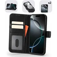 MyTPhone iPhone 17 Pro Max CardMate MagSafe plånboksfodral i läder med korthållare, stativ, 2x skärmskydd - svart