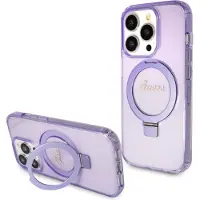 GUESS Ring Stand Script Glitter MagSafe-fodral för iPhone 15 Pro - lila