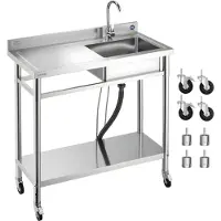 Vevor Rostfritt Stål Diskbänk, Rullande Enkel Hok Köksbänk med Hjul, Kran och Varm- &amp; Kallt Vattenrör, Arbetsbänk för Garage, Restaurang, Tvättstuga, 1000 x 500 x 1055 mm