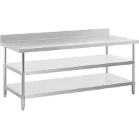 Royal Catering Rostfri arbetsbänk med skyddskant - 200 x 90 x 16.5 cm - 240 kg - 2 hyllor -