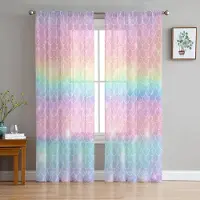 Yiran Furniture Sjöjungfruskal Ocean Regnbåge Skira Gardiner för Sovrum Vardagsrum Dekoration Fönstergardin Kök Tüll Voile Organza Draperier W135 x H185cm x1&Grommet Top