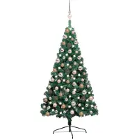 vidaXL Belyst halv plastgran med kulor grön 120 cm