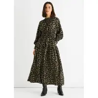 Gini London Khaki Djurtryck Rynkad Hög Nack Maxi Klänning