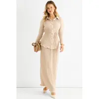 Gini London Beige plisserad maxikjol med elastisk midja