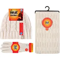 Heat Holder Set med stickad mössa, halsduk och handskar för damer | Värmehållare | Set för kallt väder med fleecefoder för damer för vintern - Cream
