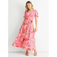 Gini London Röd blommig midiklänning med omlott och bälte