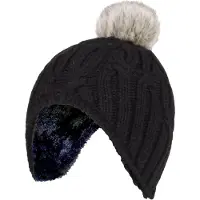 Heat Holder - Kabel stickad mössa för flickor med Pom Pom Bobble för vinter | Varm värmeisolerad mössa - Svart