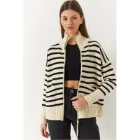 Bianco Randig zip-up stickad cardigan med fickor