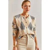 Bianco Geometrisk Stickad Knapp-up Crop Cardigan