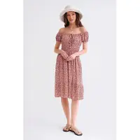 MixRay Off-Shoulder Blommig Smockad Midja Puffärmad Midiklänning