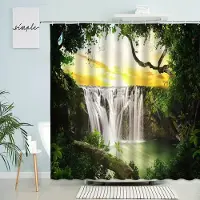 Household supplies MH Tropisk djungelscen Duschdraperi Vattenfall Skog Palmblad Grön Växt Naturlandskap Hem Badrum Vattentät Skärm 90x180cm-35x70in