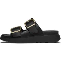 FitFlop för kvinnor. B1J-001 Lädersandaler Gen-FF Buckle Two-Bar Leather Slides, svarta (6.5), Hud, Karta, Spänne, Casual