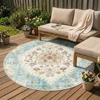 FRAAI Rund vintage utomhusmatta | Santo Mandala ljusblå | Ø 230 cm | Polyester | Blommig | Rund |