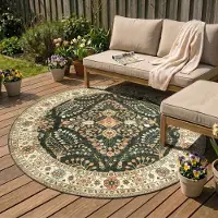 FRAAI Rund vintage utomhusmatta | Santo Flora mörkgrön | Ø 120 cm | Polyester | Blommig | Rund |