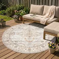 FRAAI Rund vintage utomhusmatta | Santo Flora ljusgrå | Ø 200 cm | Polyester | Blommig | Rund |