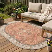 FRAAI Oval utomhusmatta vintage | Santo Flora terrakotta | 200x290 cm | Polyester | Blommig | Oval | Plattvävd