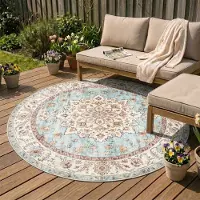 FRAAI Rund vintage utomhusmatta | Santo Medaillon ljusblå | Ø 200 cm | Polyester | Blommig | Rund |