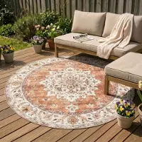 FRAAI Rund vintage utomhusmatta | Santo Medaillon terrakotta | Ø 100 cm | Polyester | Blommig | Rund |