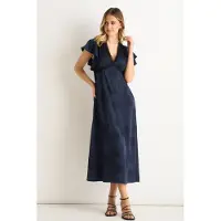 Gini London Midi-klänning i marinblå satin med jacquardmönster och spetskant