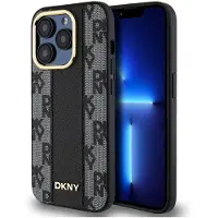 DKNY läderfodral med rutigt monomönster MagSafe-fodral för iPhone 15 Pro - svart