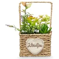 Usorteret Ibergarden konstgjorda suckulenter i flätad korg LOVE, 12 x 21 cm