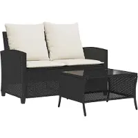 vidaXL Soffa för trädgård 2 platser med kuddar och bord svart flätad resin, utomhussoffa, tvåsitsig trädgårdssoffa, soffa 4103845