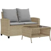 vidaXL Trädgårdssoffa 2-sits med dynor och bord beige konstrotting