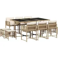 vidaXL Matgrupp för trädgården med dynor 11 delar beige konstrotting