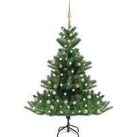 Konstgjord nordmannsgran med LED och julgranskulor grön 150 cm