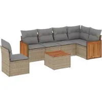 vidaXL Matgrupp för trädgården med dynor 7 delar beige konstrotting