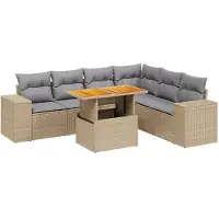 vidaXL Matgrupp för trädgården med dynor 7 delar beige konstrotting