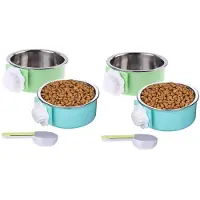 Exogio 4 Pieces Crate Dog Bowl, Removable Stainless Steel Pet Kennel Hanging Food Water Feeder Bowl Cage Coop Cup with Spoon