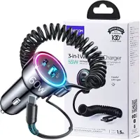 JOYROOM Bil-laddare JR-CL07 3-i-1 USB/Type-C 55W + Type-C 1,5 m svart